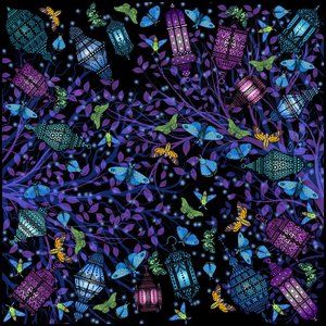 Square 100% silk twill square scarf black purple wrap"Lanterns" - butterfly moth